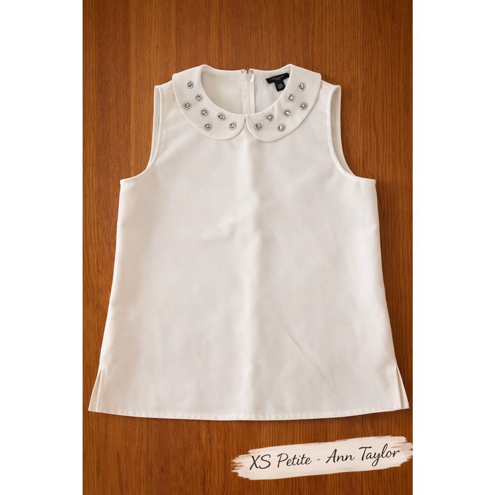 Ann Taylor White Sleeveless Blouse Embellished‎ Collar Women's Size S
